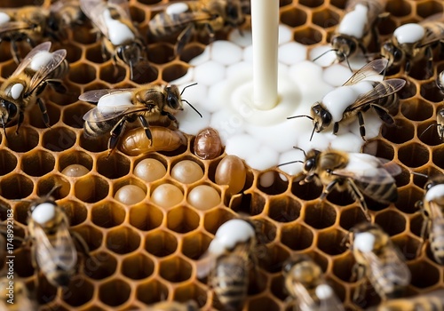 Bees on Honeycomb Receiving Artificial Feeding - A Close-Up View.