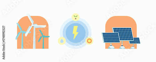 Collection of sustainable energy elements. Illustration showing wind turbines, solar panels, and the bio/hydro/solar power cycle. Ecology and clean power design
