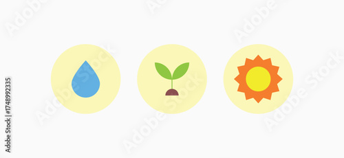 Clean energy icon set representing hydro, bio, and solar power. Simple flat design perfect for green technology, environmental protection, and sustainable living