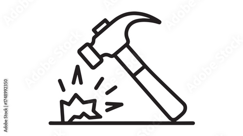 Hammer striking a surface, creating sparks and fragments.