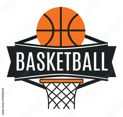 Classic basketball logo with ball, and hoop, for sports leagues and athletic branding