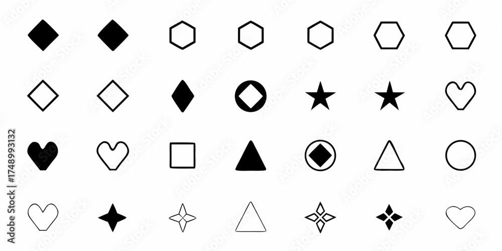 Fototapeta premium Collection of diverse geometric and symbolic shapes in black and white outlines and solid fills