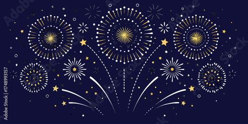 Festive dark blue background with a variety of stylized golden and white fireworks and stars