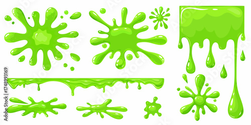 Collection of vibrant green slime splashes and drips in various cartoon styles