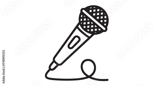Simple line art illustration of a classic microphone with a coiled cord, ready for performance or recording.