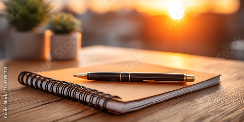 Elegant black pen resting on a spiral notebook with a beautiful sunset in the background over a cityscape