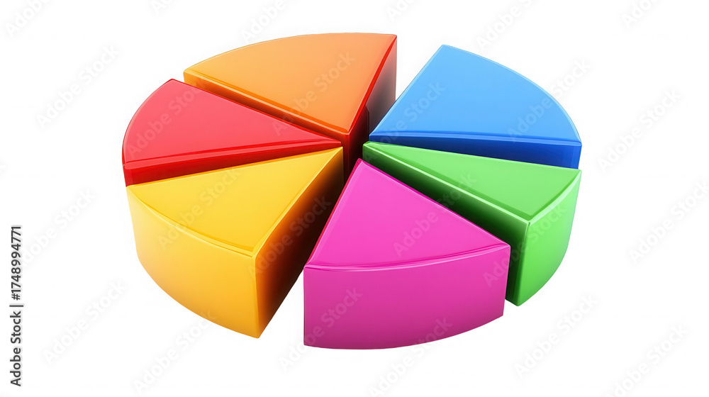 Fototapeta premium A colorful pie chart with seven slices on a black background view on transparent background
