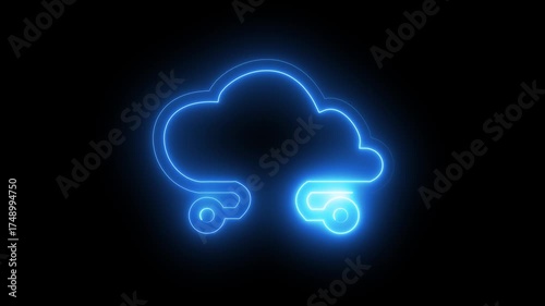 Blue neon cloud icon with swirling connection on 4k vide black background data storage
