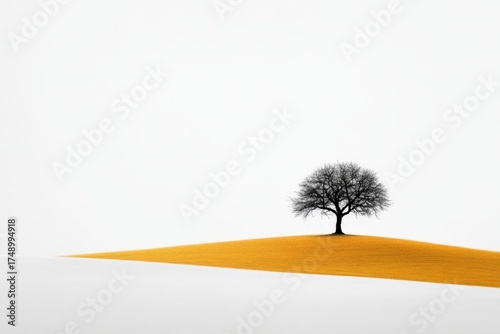 Isolated Tree on Yellow Field Against Minimalist White Background