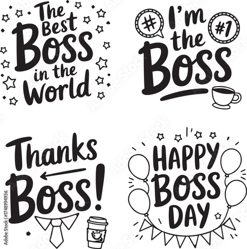 Four typographic designs celebrating a boss with positive messages and doodles
