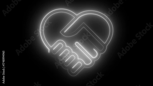 4k vide White Neon Heart Handshake Icon on Black Background