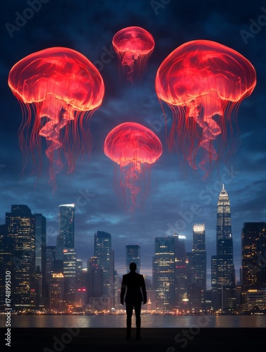 Surreal Scene of Man Gazing at Giant Jellyfish Above City Skyline