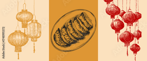 Traditional Chinese dumplings, hanging lanterns pencil draw in minimal oriental style for festive food design and packaging.