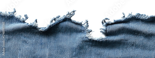 Blue denim fabric with Ripped torn frayed edge isolated on transparent background