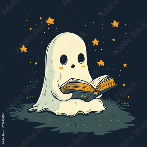 Vector art of cute ghost reading book on halloween night , vector style simple color