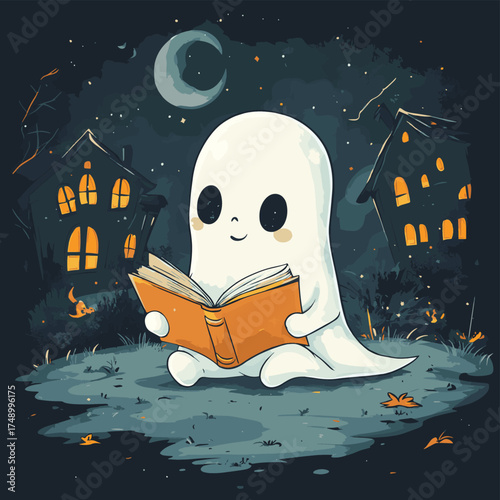 Vector art of cute ghost reading book on halloween night , vector style simple color