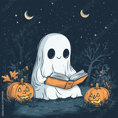 Vector art of cute ghost reading book on halloween night , vector style simple color