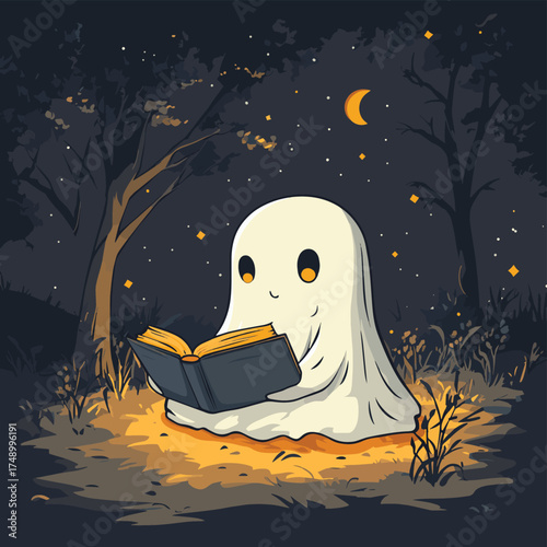 Vector art of cute ghost reading book on halloween night , vector style simple color