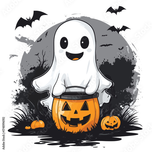 Cute cartoon ghost holding a jack o lantern bucket with bats flying around in a playful halloween silhouette , vector style simple color