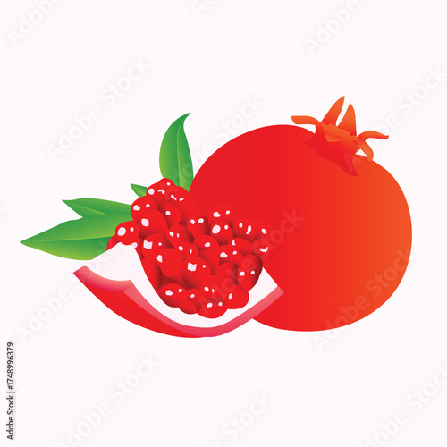 Realistic Pomegranate Vector Illustration with Detailed Seeds and Leaves