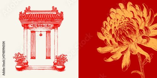 Detailed line drawing of traditional Chinese temple gate and chrysanthemum flower in red and beige tones. Vector hand drawn cultural art.