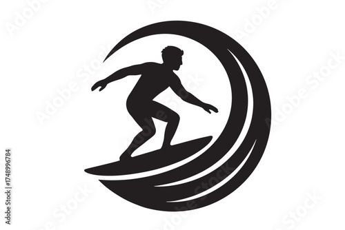 Black silhouette of a surfer riding a wave in a circular design surfing ocean