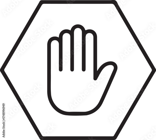 Black and white outline of a stop hand symbol within a hexagon