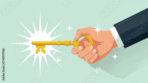 Vector art of hand holding a golden key with sparkling light