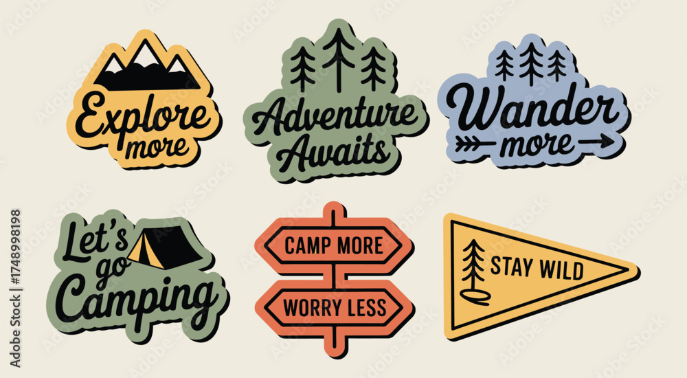 Fototapeta premium Outdoor adventure badge set with camping quotes and forest illustrations perfect for hiking t-shirt stickers travel gear and nature-themed merchandise