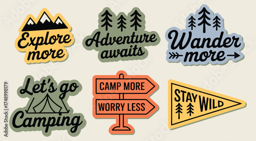 Camping and forest adventure badge vector collection featuring inspirational quotes ideal for outdoor t-shirt design stickers travel gear and hiking products