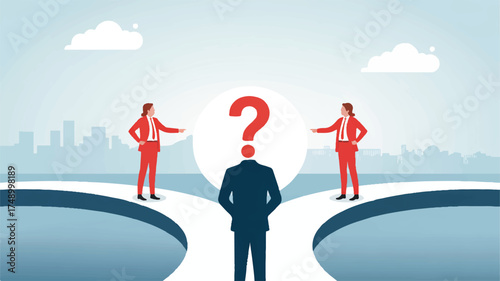 Vector art of decision making concept with man at crossroads on a blue background