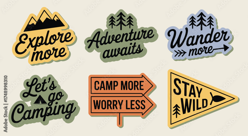 Obraz premium Camping and forest adventure badge vector collection featuring inspirational quotes ideal for outdoor t-shirt design stickers travel gear and hiking products