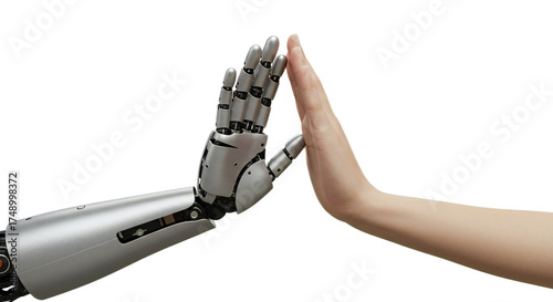 Photorealistic unified high five between human and AI robotic hands, achieving harmony. Isolated on transparent background, png