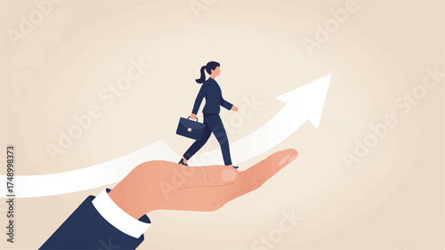 Vector art of businesswoman walking on arrow held by hand, symbolizing career growth and support