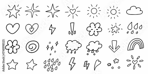 Collection of hand drawn doodle icons featuring stars hearts suns clouds rain lightning and rainbows