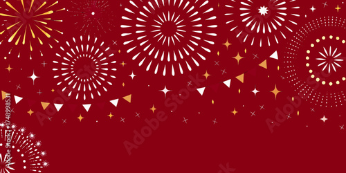 Festive red background with colorful fireworks and celebratory elements for holidays and events