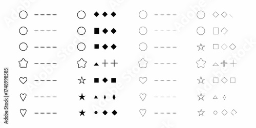 Collection of simple geometric shapes and symbols including circles stars and hearts with dashed lines