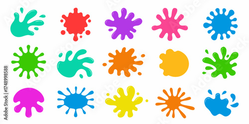Collection of vibrant colorful paint splatters and splashes in various abstract shapes and sizes