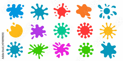 Collection of colorful abstract paint splatters and splashes in various shapes and sizes