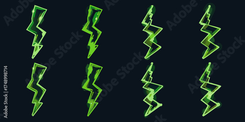 Collection of eight stylized green lightning bolt icons with a dark background and a hand drawn effect