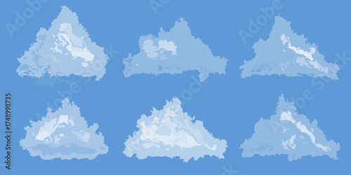Six abstract stylized white clouds with textured layers against a clear blue sky background