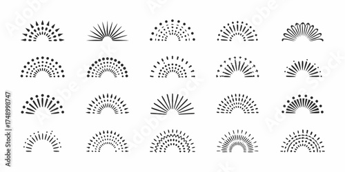 Collection of diverse abstract sunburst and semicircle graphic design elements and icons