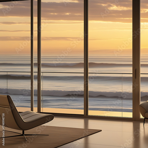 sunset ocean view property background, landscape. Modern living room interior design with sleek contemporary designer furniture, large windows, panoramic view