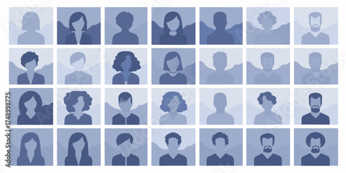 Diverse collection of anonymous profile pictures in shades of blue with mountain backgrounds