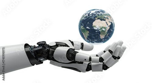 Back view of male robot hand with intricate textures supporting a semi-opaque CG globe, glowing data, isolated on transparent background, png