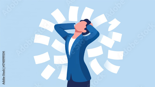 Vector art of frustrated woman overwhelmed by paperwork, symbolizing stress and burnout