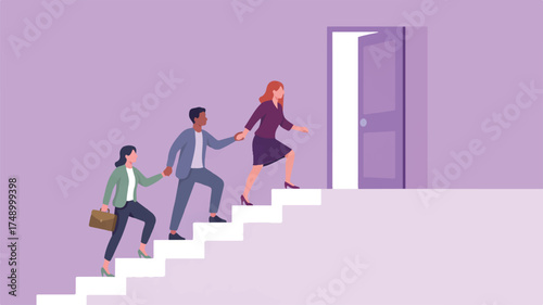 Vector art of people climbing stairs to open door, symbolizing career growth and success