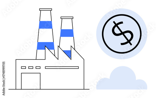 Factory with striped chimneys, cloud, and dollar sign representing manufacturing, financial growth, and sustainability. Ideal for industry, economy, business, revenue production finance simple