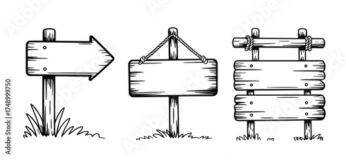 Set of rustic wooden direction signboards and arrow planks, hand-drawn vintage blank signs for travel, adventure, and outdoor design