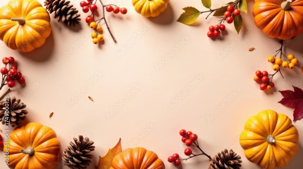 Fototapeta premium Autumnal Harvest Design Featuring Pumpkins, Pinecones, and Berries on a Neutral Background